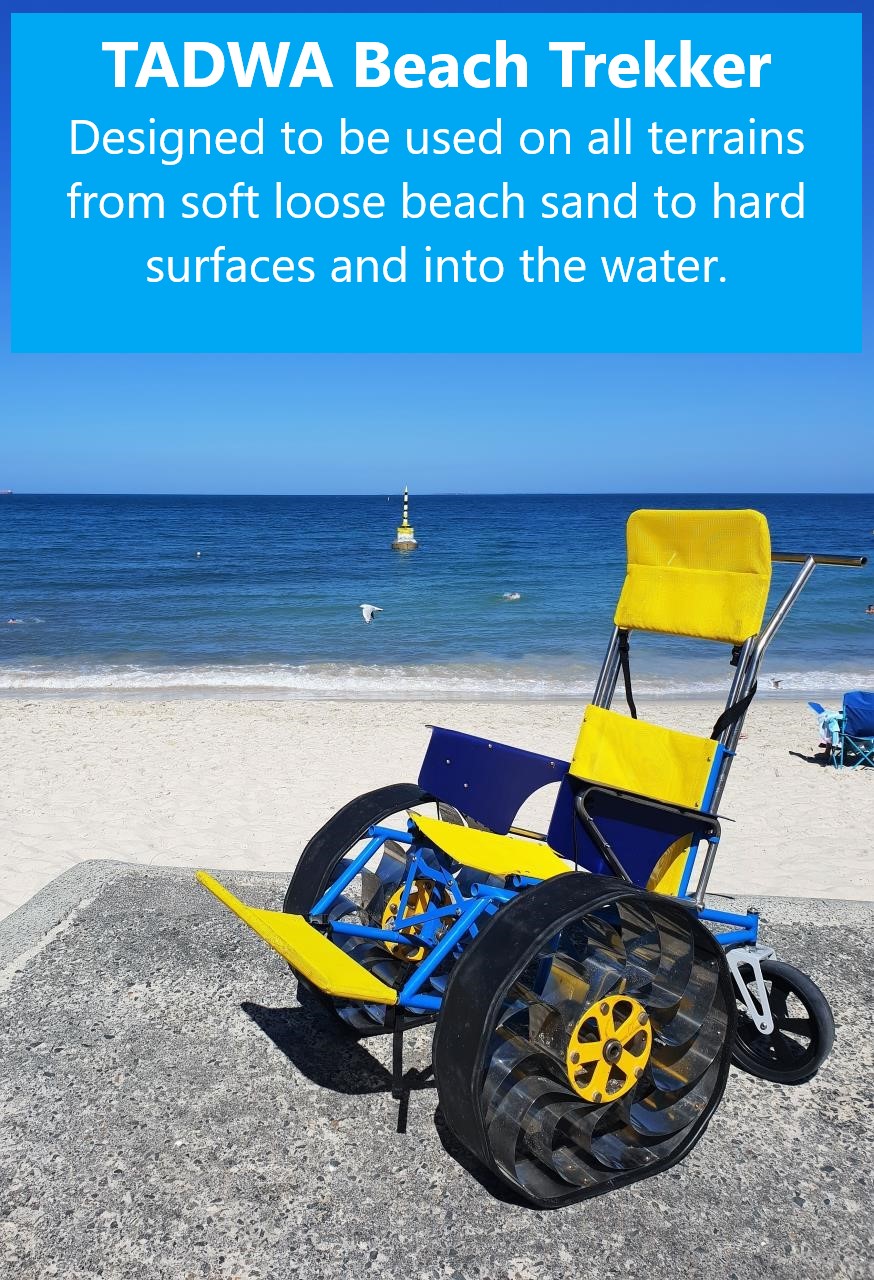 TADWA Beach Trekker - designed to be used on all terrains from soft loose beach sand to hard surfaces and into the water.